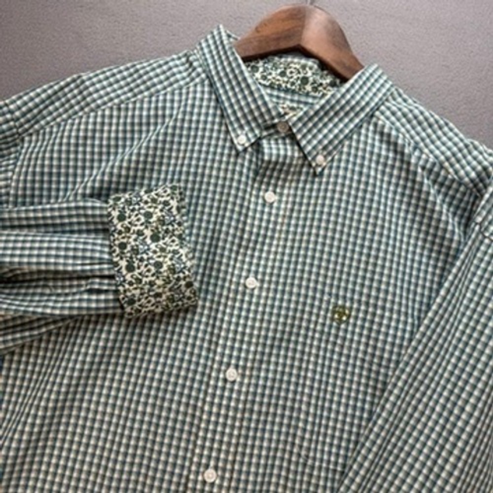 Ariat Button Down Shirt Gus Regular Fit XXL Green Plaid Floral Trim Flip Cuff